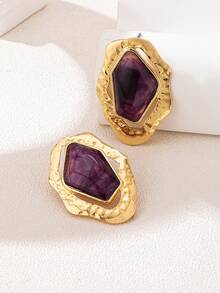 1 Pair Oversized Asymmetrical Geometric Shape Classic Textured Stud Earrings, Versatile For Daily Wear - Coffee - View 4