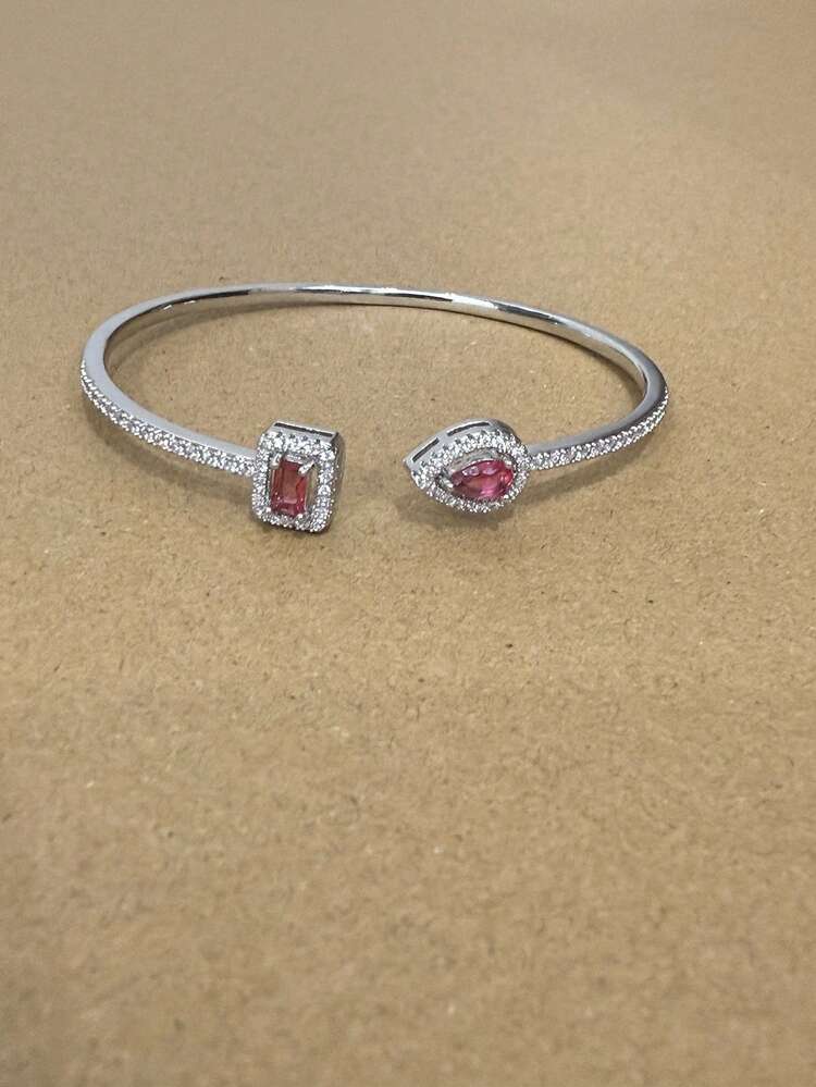 1pc Fashion Copper Cubic Zirconia Square Decor Open Bangle Bracelet, Sapphire Blue/Silver, Suitable For Women's Daily Wear - Pink - View 10