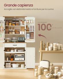 VASAGLE Credenza, Mobile da Cucina Alto 178,6 cm con Ante in Stile Fienile, Cassetto, Vassoio, Ripiani Regolabili, Dispensa per Cucina Sala da Pranzo, Bianco Vintage - Bianco - Visualizzare 3