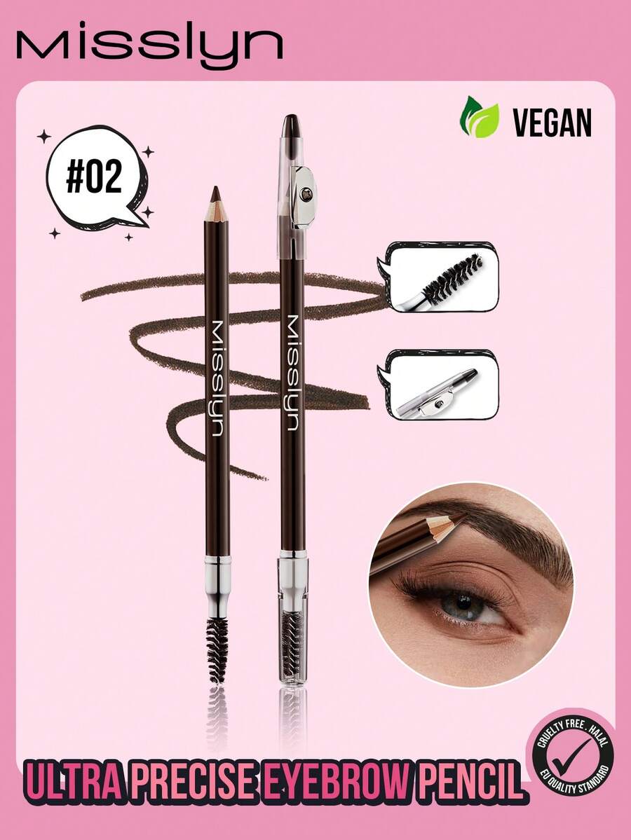 Misslyn 1支超精準眉筆，雙頭設計附內建刷子與削筆器，木製手柄細尖頭，適合畫細眉毛、填補稀疏處與塑造清晰輪廓，適用於野生眉妝容，畢業旅行、派對、生日、情人節禮物、新年派對必備