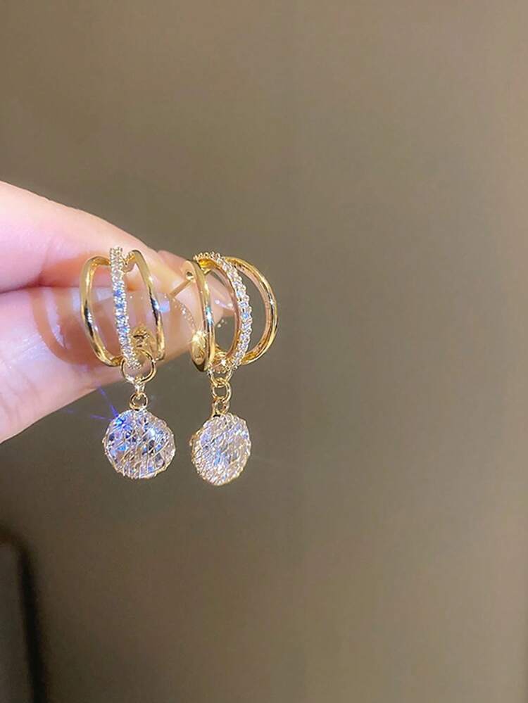 1 对时尚白色方晶锆石金色环状耳环，专为女性设计，奢华珠宝，设计精美 - 金黃色 - 查看 2