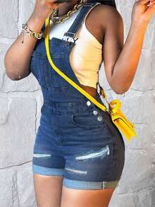 Women Ripped Solid Color Slim-Fit Jeans Rompers Casual Buttons Trim Denim Overall Pockets Sleeveless Summer Clothing - Màu xanh lam - Xem 4