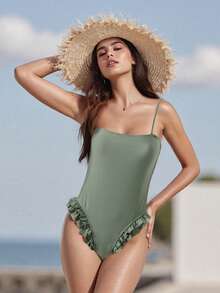Traje de baño monokini para mujer, color sólido, tirantes finos, volantes, sin mangas, traje de baño de verano, bikini - Verde claro - Ver 3