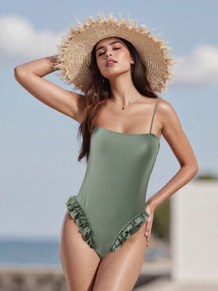 Traje de baño monokini para mujer, color sólido, tirantes finos, volantes, sin mangas, traje de baño de verano, bikini - Verde claro - Añade 3