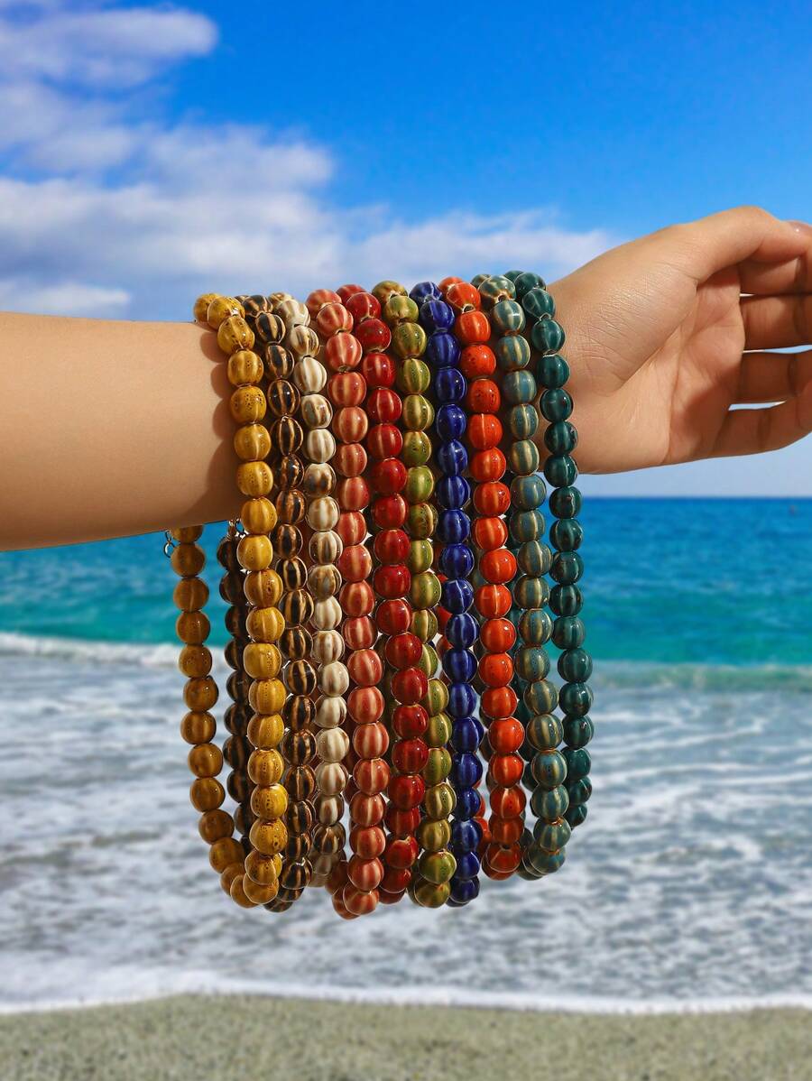 1pc Boho Style Round Geometric Ceramic Pumpkin Bead Handmade Beaded Necklace With Stainless Steel Chain & Lobster Clasp, Gift For Women, Suitable For Daily Wear And Holidays