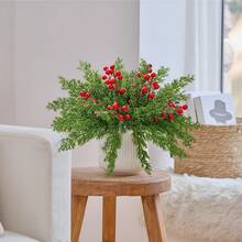 26/45 buc ramuri artificiale de pin cu tulpini de fructe de pădure roșii, ramuri de cedru verde artificial de Crăciun, ace de pin verdeață false pentru coroane, ghirlande, artizanat DIY și decorațiuni de Crăciun