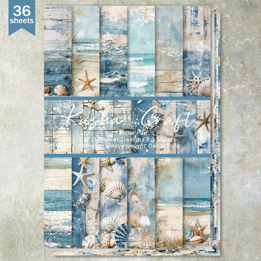 36 Sheets A5 Blue Ocean Seashell Starfish Background Scrapbooking Paper, Suitable For Bullet Journal, Scrapbook, Card Making And Craft Projects - Baby Blue - View 1