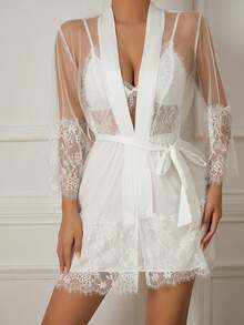 White Wedding Bridal Robe Set Women Lace Slip Dress Nightgown Bathrobe Set Kimono Sleepwear - trắng - Xem 4