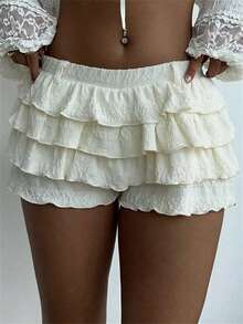 Mini Ruffle Shorts For Women Y2k Bloomers Shorts Elastic Waist Tiered Micro Shorts Casual Mini Skort Low Rise Booty Shorts Going Out Shorts - 白色 - 查看 2