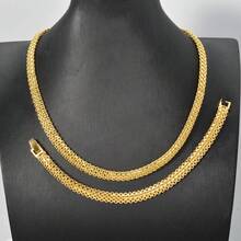 2pcs 14K Gold Plated Copper 8mm Braided Necklace & Bracelet Jewelry Set, Suitable For Women's Daily Wear, Parties, And As A Great Gift - Gold 2 - View 1