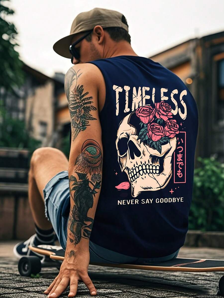 Men's Creative Rose Skull Print Sleeveless Shirt