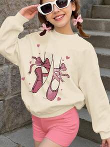 女童休闲时尚创意芭蕾舞足尖鞋图案宽松长袖圆领卫衣，假日休闲风格女童蝴蝶结休闲套头衫，秋冬 - 杏色 - 查看 7