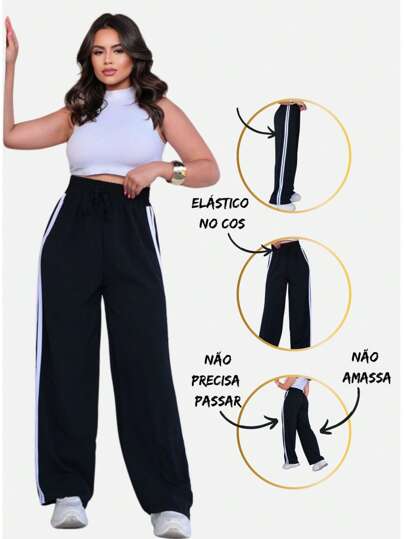 Calça Pantalona Con Listras Track Pants Cintura Alta