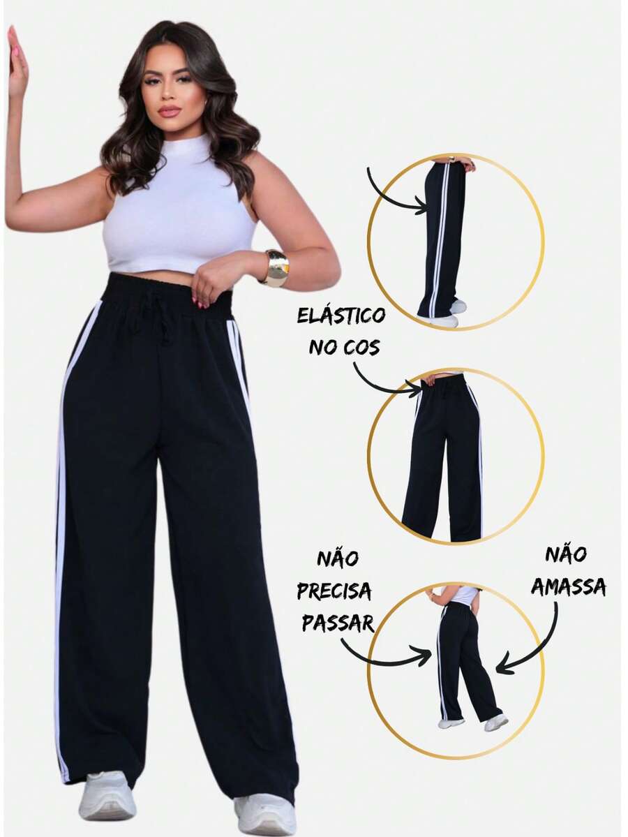 Striped Track Pants High Waist - Black - View 1