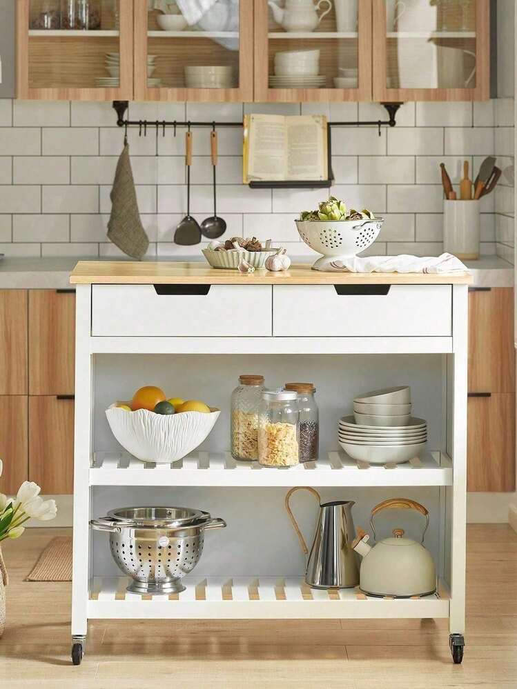 SoBuy Kitchen Island FKW74-WN - White+Khaki - View 1