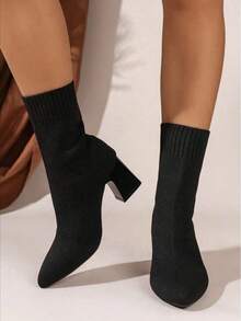Women's Classic Black Pointed Toe Thick High Heel Ankle Boots, Fashionable, Versatile, Elegant, Ladder Design, Non-Slip Sole, Suitable For Halloween, Wedding, Holiday Season, Autumn/Winter - 黑色 - 查看 4