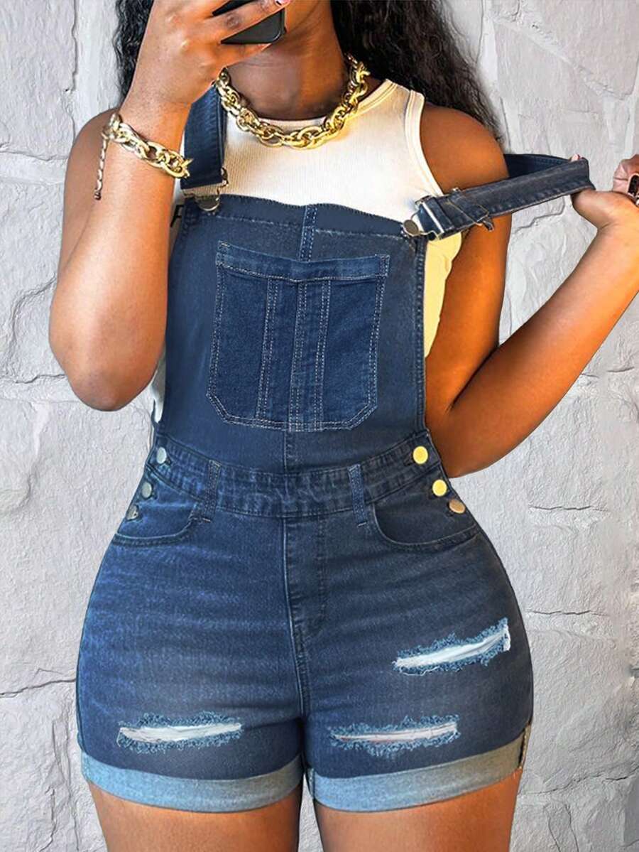 Women Ripped Solid Color Slim-Fit Jeans Rompers Casual Buttons Trim Denim Overall Pockets Sleeveless Summer Clothing - Màu xanh lam - Xem 1