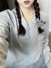 2pcs Women Sleepwear Set - Blue Striped Long Sleeve Top And Pants, Loose Fit Pajama For Homewear, Suitable For Spring And Autumn,Two Pieces Set, Fall Clothes