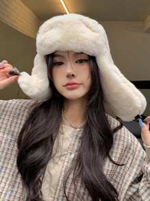 1pc Unisex Winter Warm Trapper Hat, Outdoor Rabbit Fur Fashion Casual Earmuff Hat, Windproof Cycling Cap, Black Brimless Beanie Winter Outfits Fall