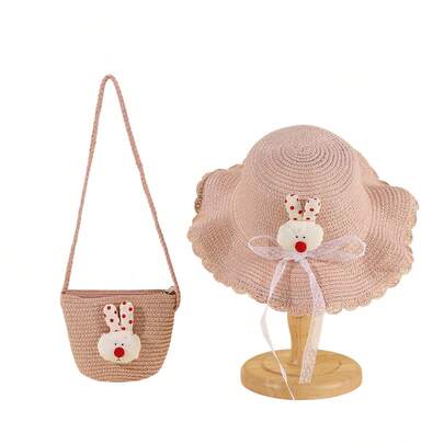 Girls Wavy Brim Straw Sun Hat And Small Crossbody Straw Bag Set Summer Vacation Accessories