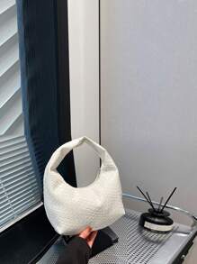 Mini Fashionable Woven Crescent Handbag, Woven Texture Embossed Solid Color Casual Large Shoulder Crossbody Bag, Versatile Commuter Bag, Tote Bag, Baguette Bag For Women