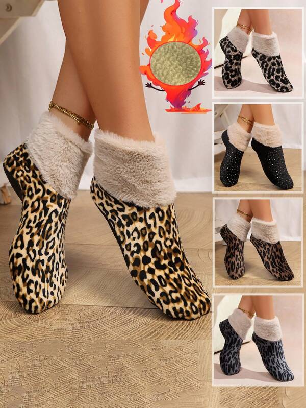 1 para skarpetek z nadrukiem w panterkę, gruba wełniana podszewka, antypoślizgowe, zimowe, krótkie skarpetki, wygodne, ciepłe i puszyste, odpowiednie dla kobiet