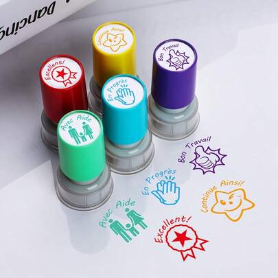 5pcs Automatic Ink Stamps For French Teachers, Cute Cartoon Star Stamps, Colorful Round Teacher Classroom Stamps, Thumbs Up Suitable For Grading And Praise