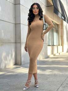 Premium Ribbed Long Dress With Open Shoulder And Long Sleeves - 米色 - 查看 1