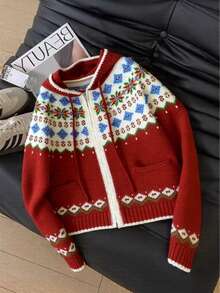 JIANHU 节日风连帽开衫，带有节日花卉和条纹针织图案，非常适合圣诞节和冬季庆祝活动 - 紅色 - 查看 5