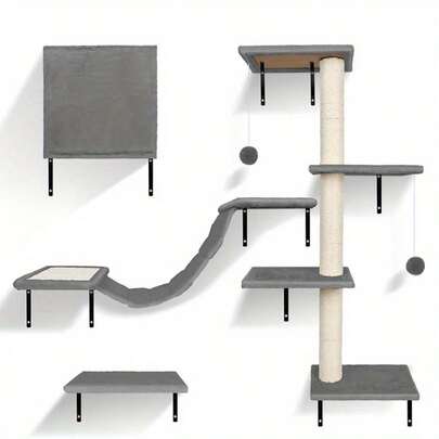 4 in 1 Wall-Mounted Cat Hammock, Set of 4 Indoor Cat Condo with Multi-Level Climbing Ladder, Sisal Scratching Post & Toy, Interactive Cat Tree Furniture, Ideal for All Kinds of Cats, Fun, Exercise, Pet Supplies, Pet Furniture