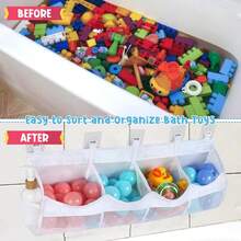 Organizator mare pentru jucării de baie, cu 4 compartimente, cu uscare rapidă, din plasă, cu 5 cârlige, acces și sortare ușoară, capacitate mare de depozitare în colț pentru baie, suport multifuncțional (roz)