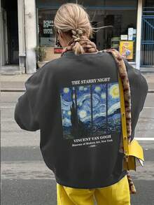 女士休闲圆领运动衫，带有极简主义风格的绘画和字母印花，时尚百搭，秋冬 - 深灰色 - 查看 3