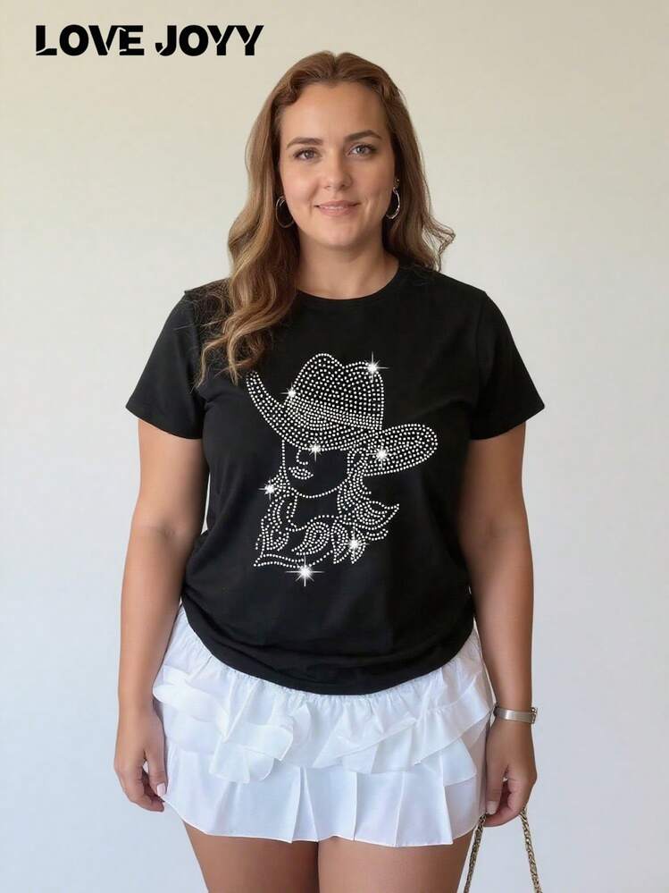 LOVE JOYY "Plus Size Women's Rhinestone Glitter Embellished Cowgirl Round Neck Short Sleeve T-Shirt, Holiday/Party Gift Top, Suitable For All Seasons" - Black - View 1
