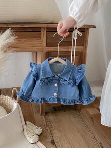 1pc Girls Denim Jacket, Spring/Autumn, Ruffled Collar, Bow Decor, Short Stylish Cropped Denim Top - 藍色 - 查看 2