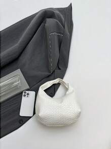 Mini Fashionable Woven Crescent Handbag, Woven Texture Embossed Solid Color Casual Large Shoulder Crossbody Bag, Versatile Commuter Bag, Tote Bag, Baguette Bag For Women