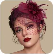 Fascinators Hats Women Tea Party Hat Mesh Headband Vintage Lace Cocktail Headwear Hair Clip Church - 酒紅色 - 查看 1