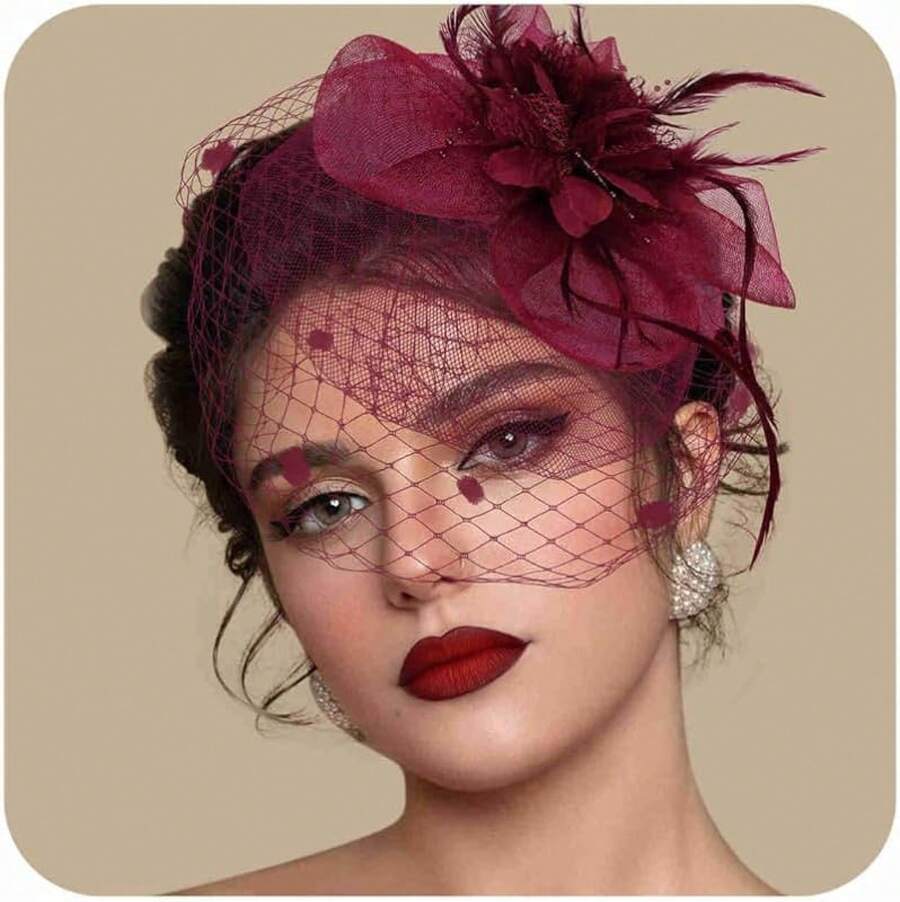 Fascinators Hats Women Tea Party Hat Mesh Headband Vintage Lace Cocktail Headwear Hair Clip Church - 酒紅色 - 查看 1