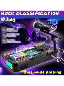 儿童DJ混音器套装，包含DJ转盘、游戏模式、灯光和速度控制以及麦克风，适合3-6岁男孩女孩 - 儿童DJ混音器套装