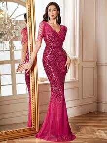 Elegantes Damen Fuchsia glänzendes Strass-Ketten-Detail Bodycon Pailletten Meerjungfrau Abendkleid, geeignet für formelle Abendessen, Partys, Galas, Jahrestage, Cocktail-Events