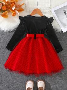 Vestido largo de manga larga de malla con lunares rojos y negros de terciopelo holgado y suelto con manga de campana para niñas, elegante para exteriores en otoño