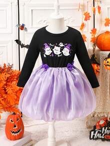 Girls Autumn Fashion Casual Outdoor Cute Halloween Cat Ghost Wizard Hat Star Pattern Bow Long Sleeve Puff Dress - Purple - View 2