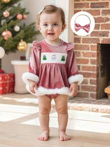 Baby Girls 2Pcs Christmas Outfits Long Sleeve Velvet Romper Dress with Headband Set Newborn Clothes - Rosa - Ver 6