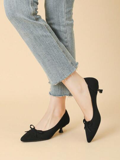 Sapatilhas Femininas de Bico Fino Slip-On em Malha de Cor Sólida, Novos Sapatos de Salto Gatinho Francês Casuais Plus Size de 4cm com Decoração de Laço Fofa, Adequados para Vestidos, Estilo Adorável