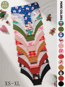 12pcs/Pack Christmas Seamless Women's Panties, Cute Printed Ladies' Briefs