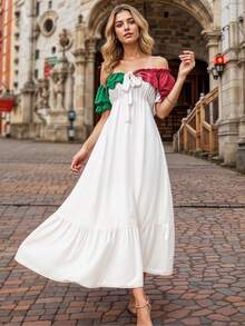 Vestido Largo Tradicional Mexicano Tricolor Campesino de Corte Holgado con Hombros Descubiertos para Mujer - variante 2 - Ver 1