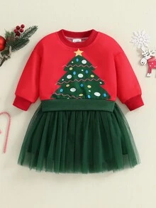 Conjunto de 2 piezas de sudadera de manga larga y falda de malla con estampado de árbol de Navidad para niña pequeña - Rojo - Ver 6
