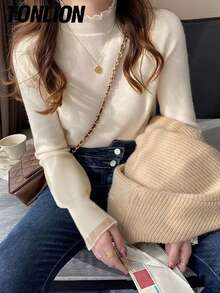 Tonlion 女士秋冬荷叶边高领毛衣