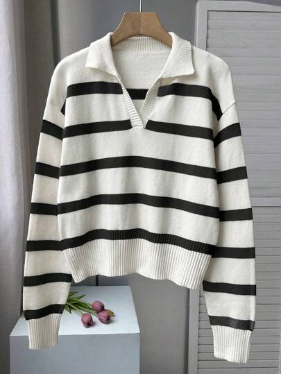 Spring & Autumn New Retro Striped Contrast Color Polo Collar Long Sleeve Knitted Sweater, Women Loose Half-Placket Vintage Style Pullover Top, New Year