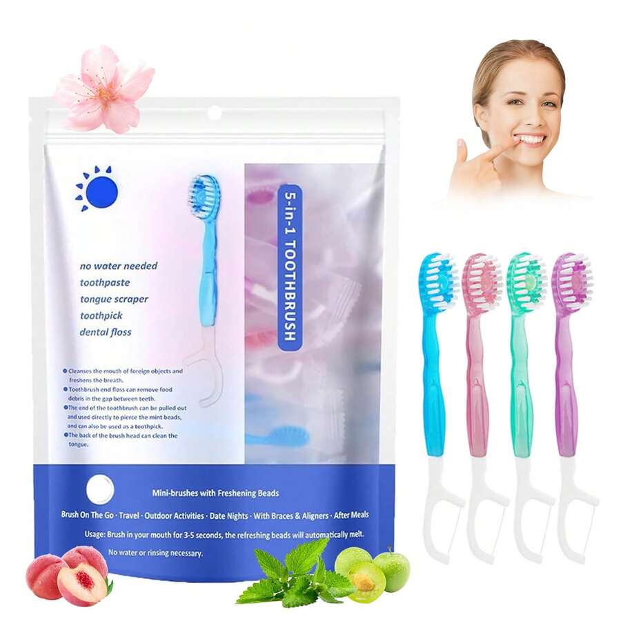Cepillo de dientes y hilo dental 5 en 1, 26 mini cepillos de dientes con pasta de dientes, cuidado oral completo para llevar, cepillo mini 5 en 1, pasta de dientes e hilo dental, set de cepillos de dientes desechables para viaje - Multicolor - Ver 1