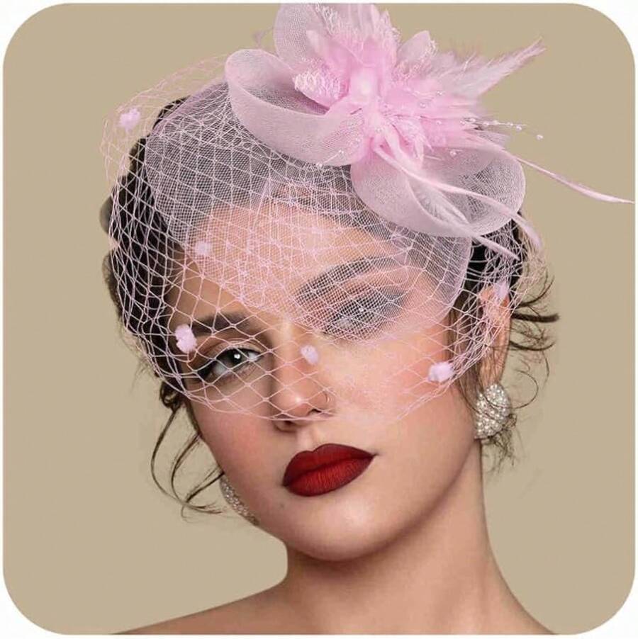 Fascinators Hats Women Tea Party Hat Mesh Headband Vintage Lace Cocktail Headwear Hair Clip Church - 粉色 - 查看 1